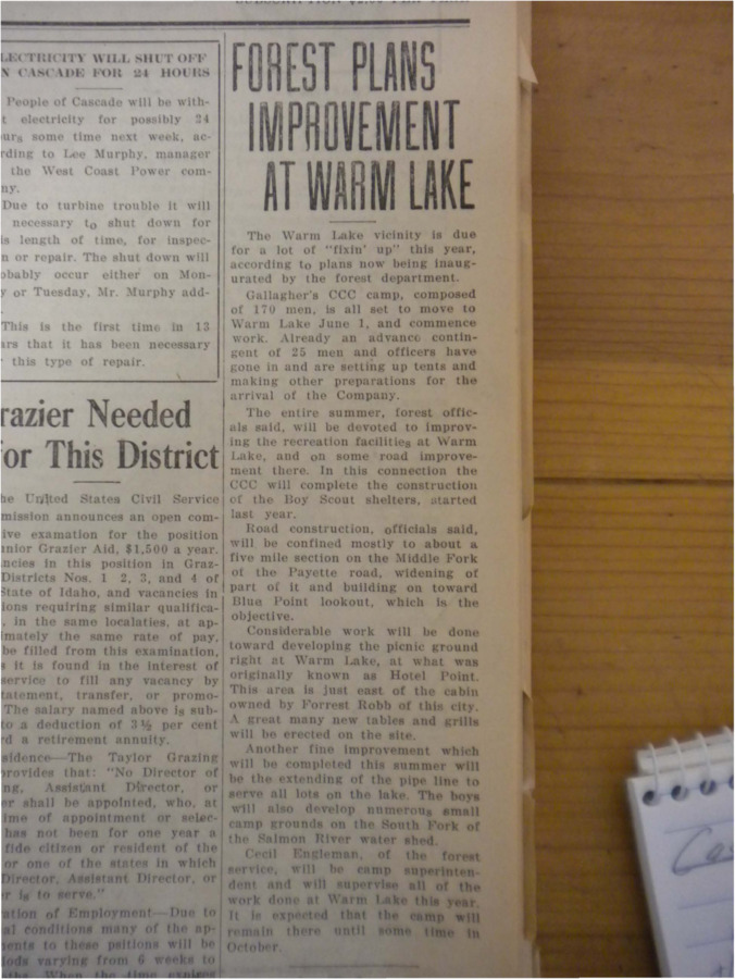 Column about the Gallagher CCC camp's upcoming work on the Warm Lake vicinity.