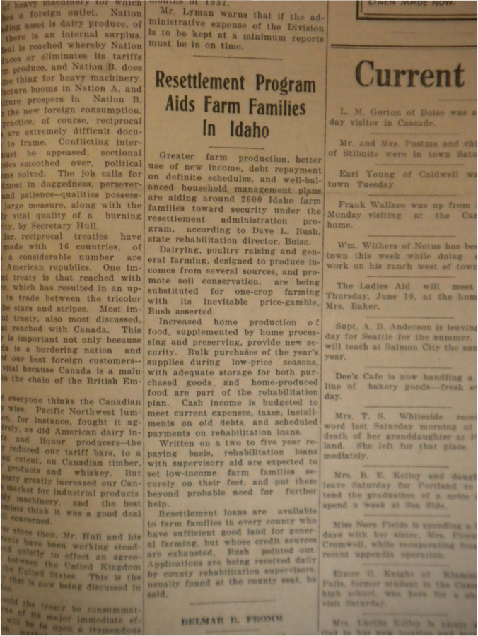 Article stating that about 2600 farm families in Idaho are being helped by federal resettlement programs.