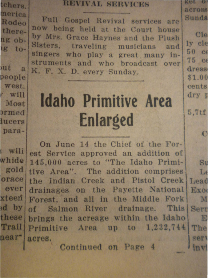Column about the 145,000 acre increase to the 'Idaho Primitive Area,' a 1,232,744 acre plot that is being conserved.