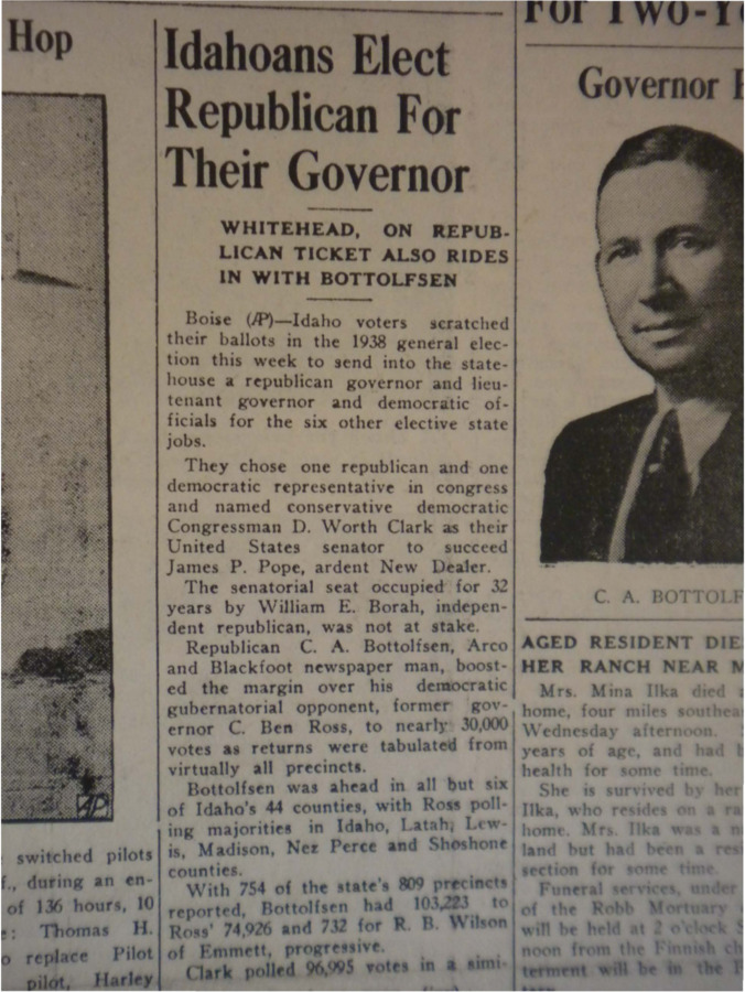 Article about the recent 1938 general elections, in which Whitehead and Bottolfsen were elected on the Republican ticket.