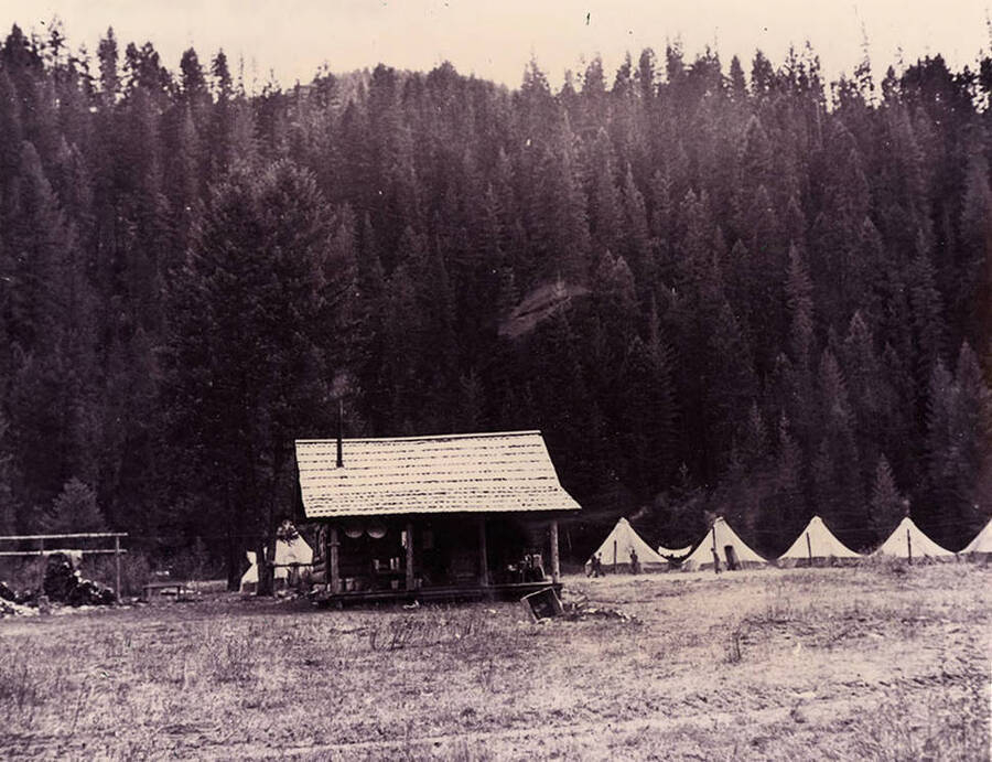 A view of the Hawk Site Ranger Station and CCC Camp used during the construction of the Sissons Bridge.