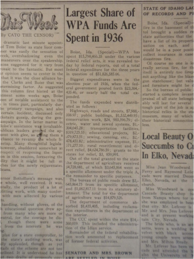 Column about WPA expenditures, especially spending in 1936, when the WPA put forth over $23 million.