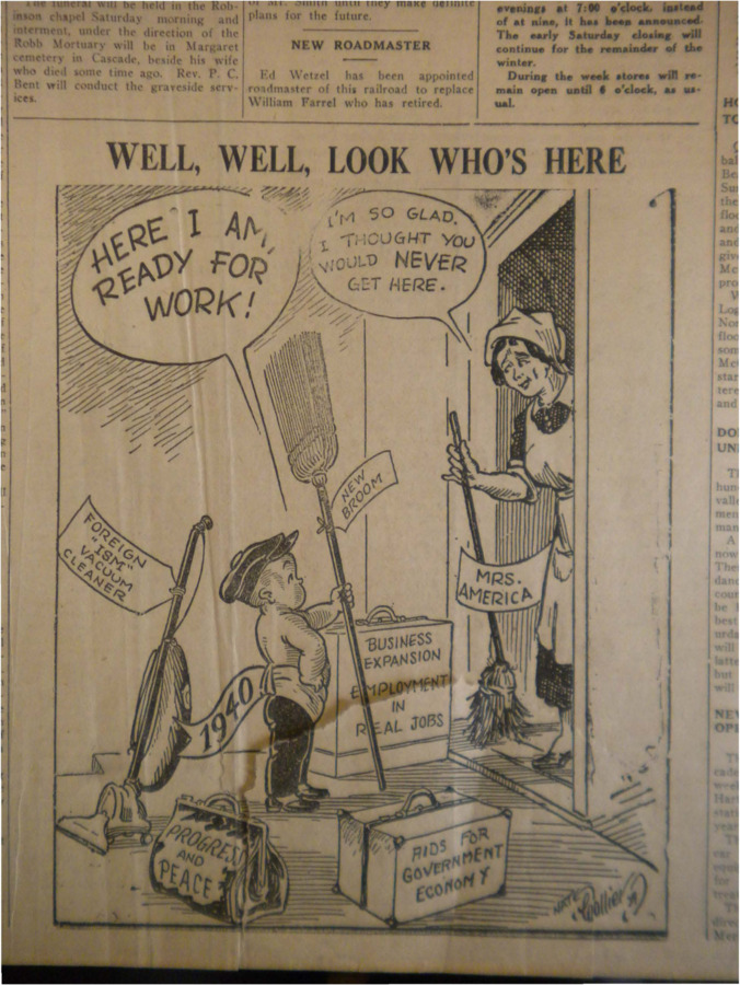Political cartoon depicting the year 1940 as a child who brings new elements to Mrs. America such as progress and peace, foreign-'ism' cleaner, business expansion and aids for government economy.