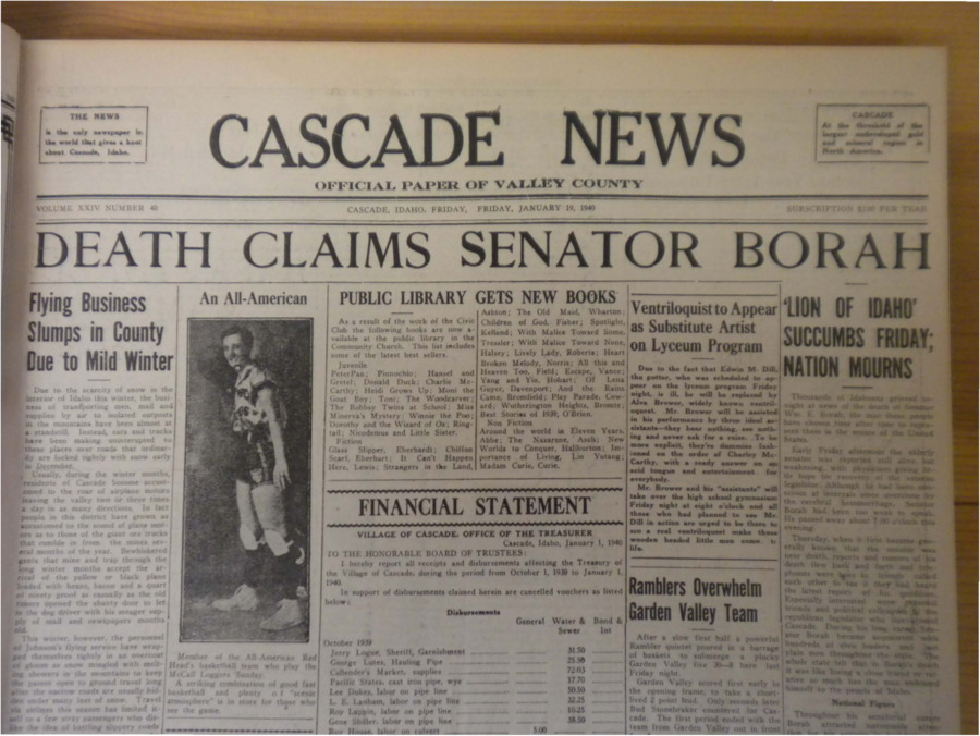 Front page article about the death of Idaho governor William E. Borah, the 'Lion of Idaho.'