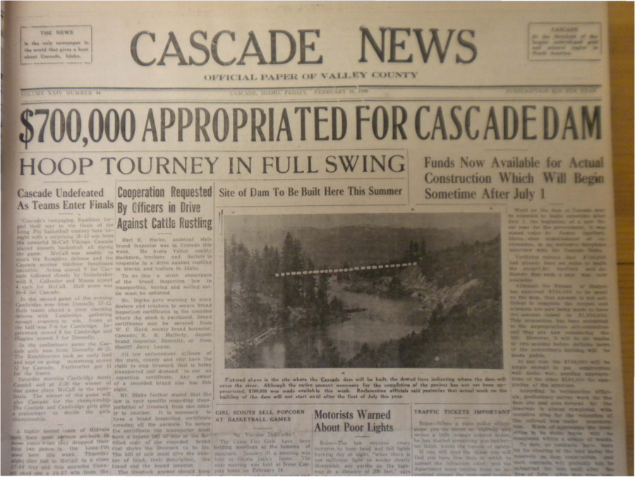 Cover story about the planned construction of the Cascade dam, which will cost around $1.2 million.