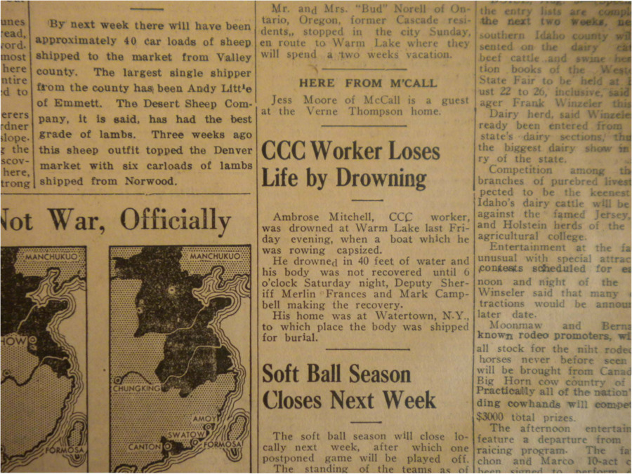 Short article about CCC worker Ambrose Mitchell, who drowned in Warm Lake after his boat capsized.