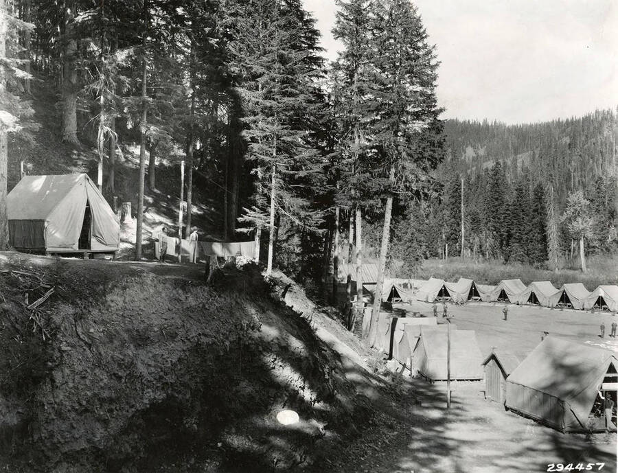 A view of the tent barracks of Rock City CCC Camp. Back of photo reads: 'Rock City CCC Camp 10/1934 Swan'.