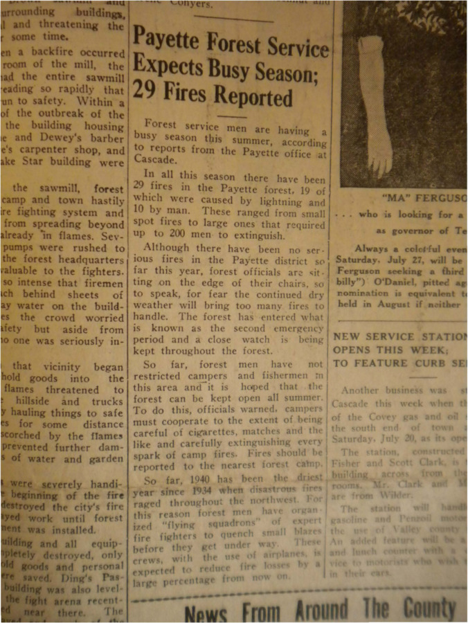 Column about the rising number of forest fires in the Payette Forest, 19 caused by lightning and 10 by people.