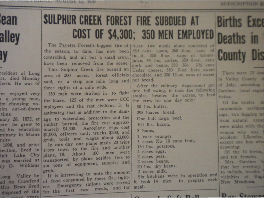 Article about CCC men who subdued the Sulphur Creek fire, a blaze that destroyed approximately $4,300 worth of property.