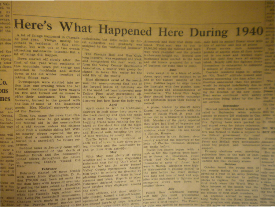 Long column outlining the most newsworthy events in Cascade during each month of 1940.