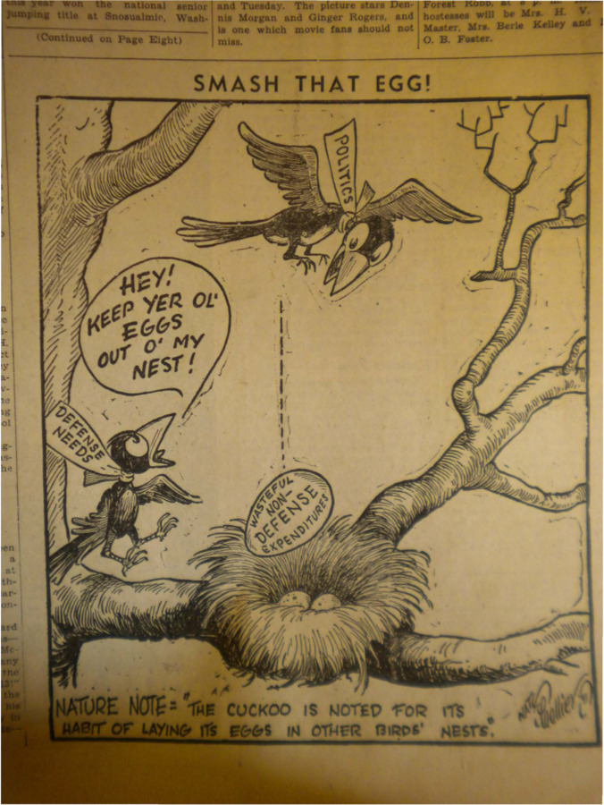 Political cartoon depicting the sometimes negative political influence on the nation's defensive program.