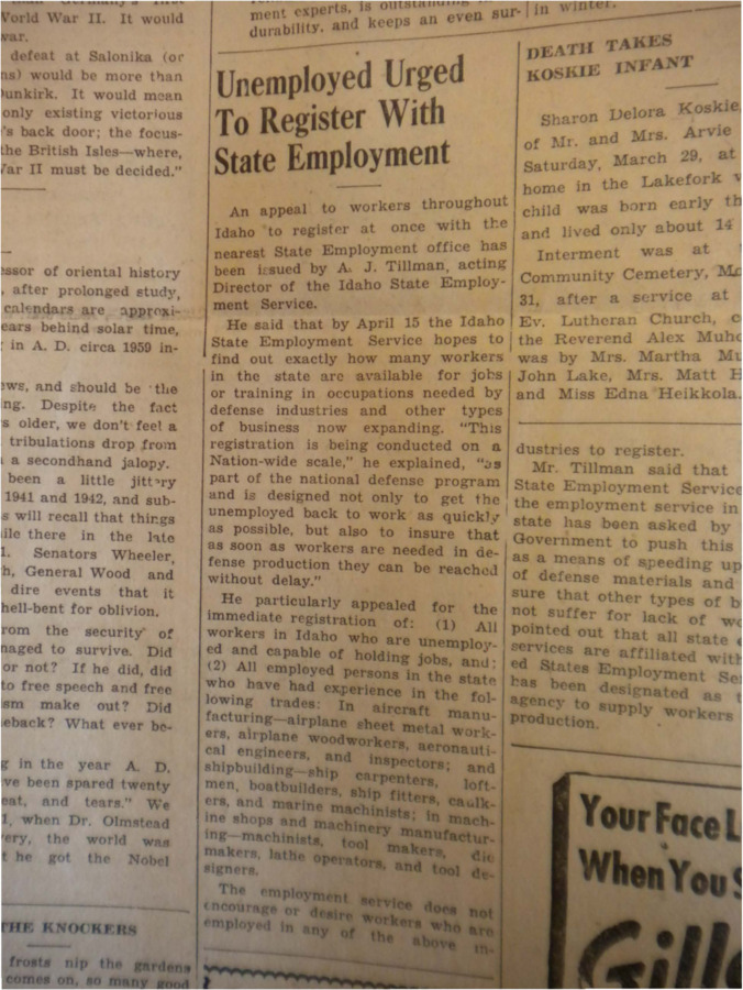 Article expression an announcement from A.J. Tillman, acting Director of the Idaho State Employment Service, in which Tillman appeals to unemployed workers to register with state employment.