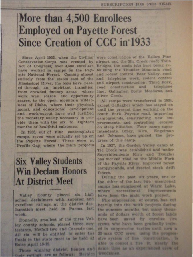 Article explaining the glorified history of CCC workers in the Payette National Forest.