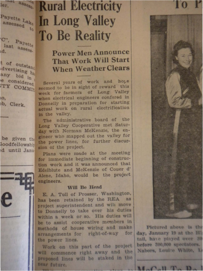 Article announcing that electrical engineers have conferred in Donnelly to prepare to start configuring electricity in rural areas.