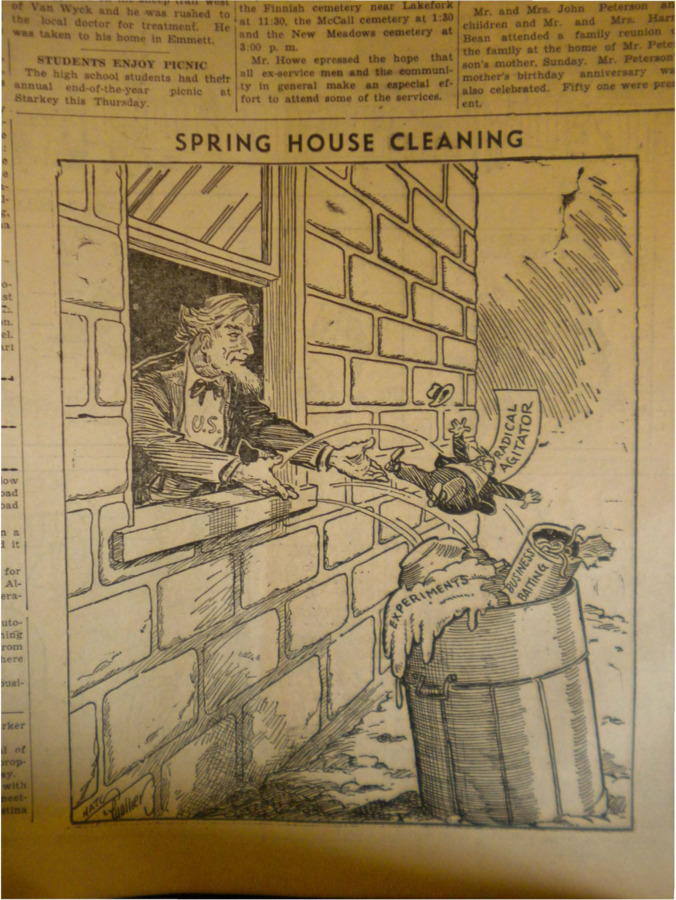 Political cartoon depicting Uncle Sam throwing a 'radical agitator' into a trash can filled with 'business baiting' and 'experiments.'