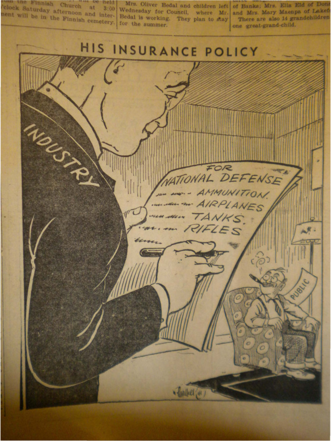Political cartoon depicting 'industry' writing ammunition, airplanes, tanks and rifles underneath national defense while the public sits idly by.