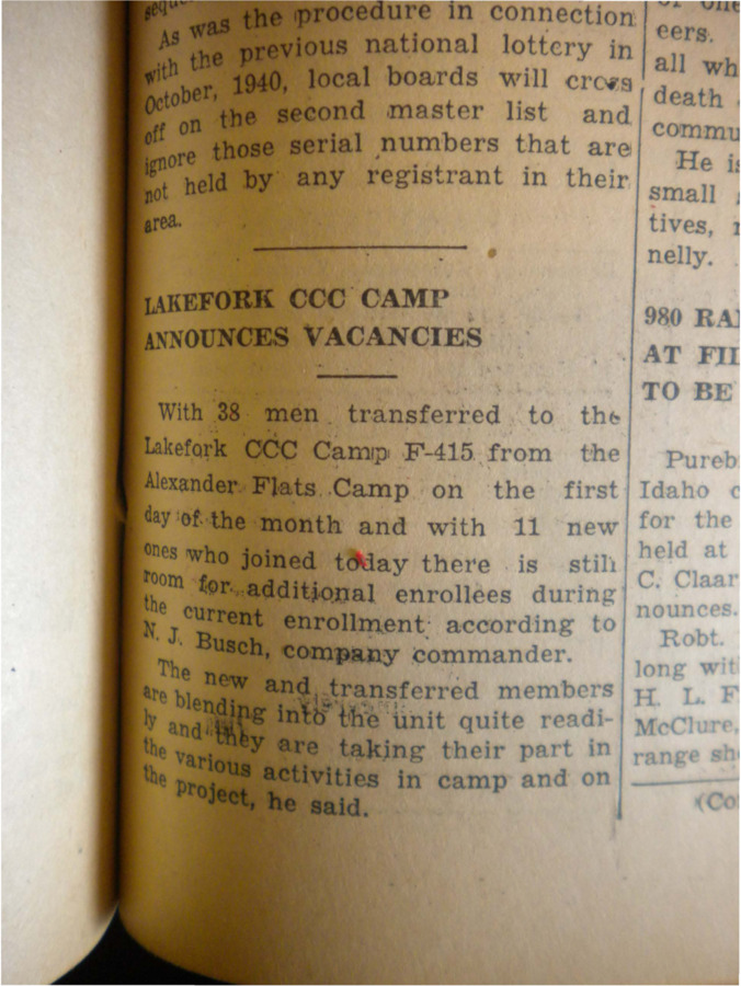 Short piece announcing that there are now 38 vacancies at the Lakefork CCC camp.