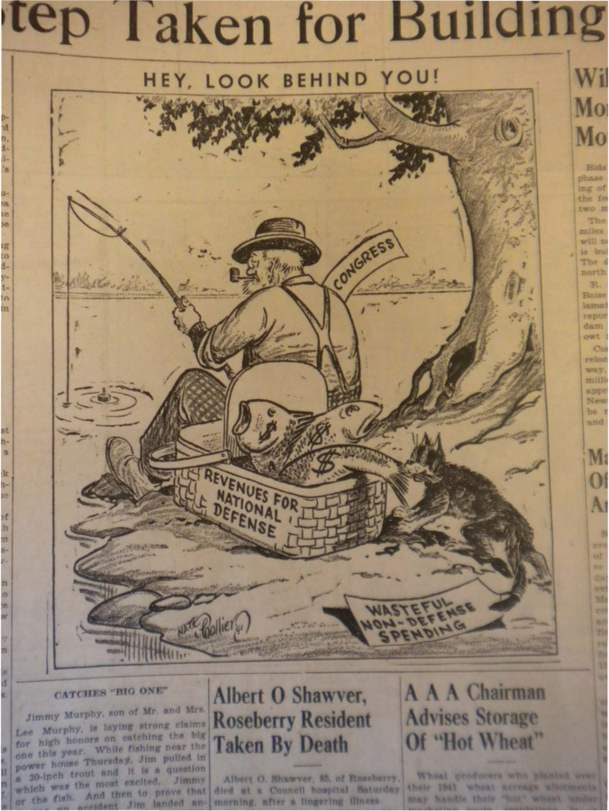 Political cartoon depicting congress blindly fishing while a cat, labelled as 'wasteful non-defense spending,' steals the fish, labelled as 'revenues for national defense.'
