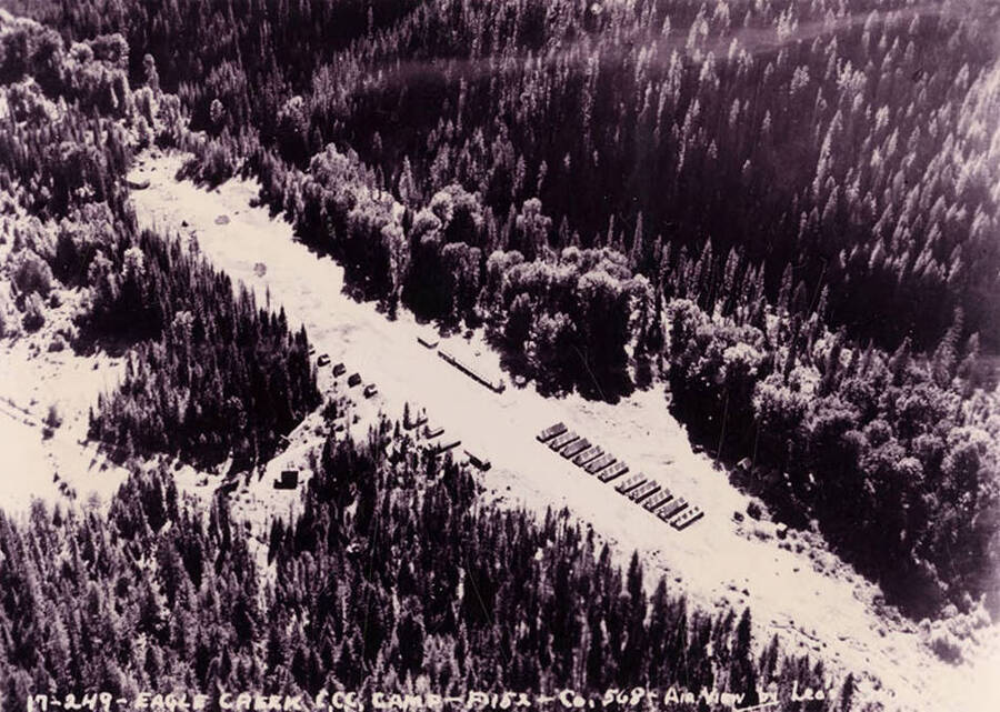 Aerial view of Eagle Creek CCC Camp. Writing on the photo reads: 'Eagle Creek CCC Camp F-152 Company 568 Air view by Leo's Studio'.