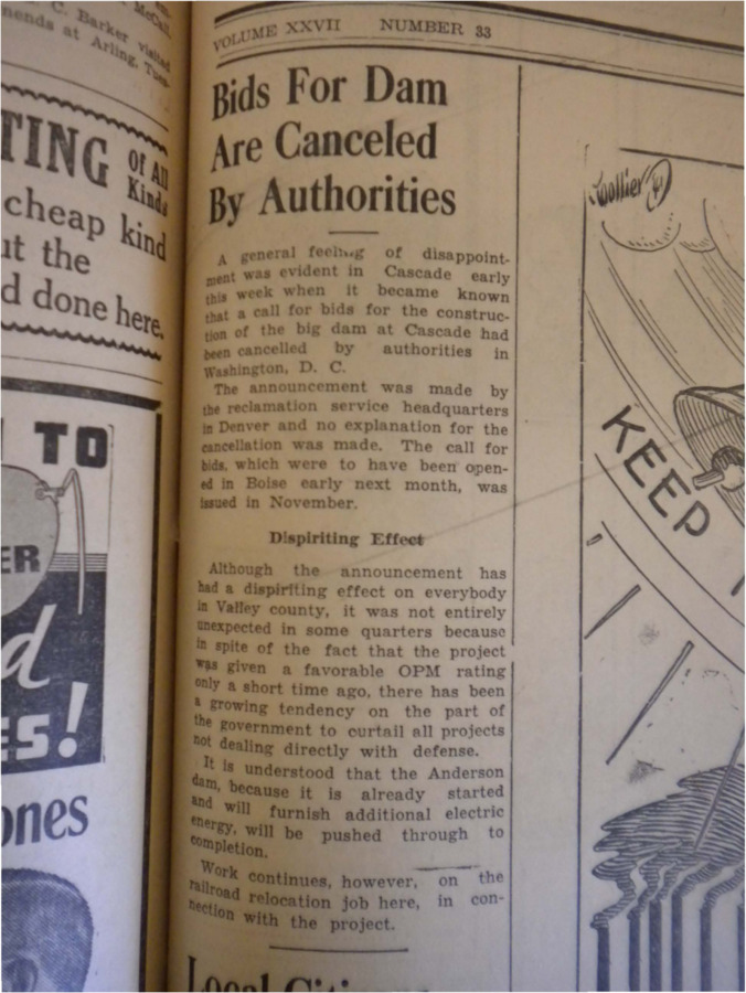 Article about the unexpected cancellation by Washington D.C. of bids for the dam at Cascade.
