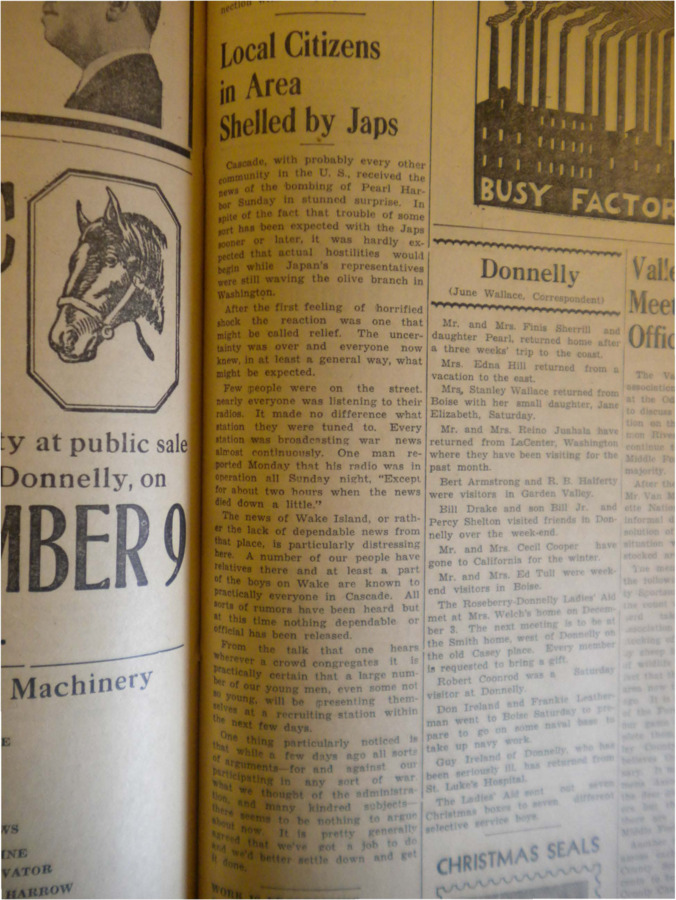 Article outlining the general feeling of citizens in Cascade after the bombings on Pearl Harbor.