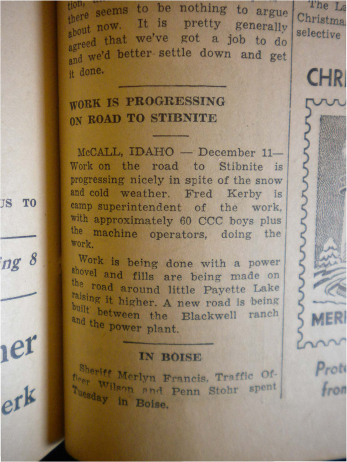 Short piece about the progressing winter construction by 60 CCC enrollees of a road to Stibnite.