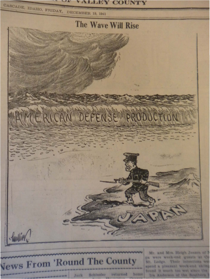 Political cartoon depicting a single soldier on land, labelled 'Japan,' while a giant wave approaches from the ocean, labelled 'American defense production.'