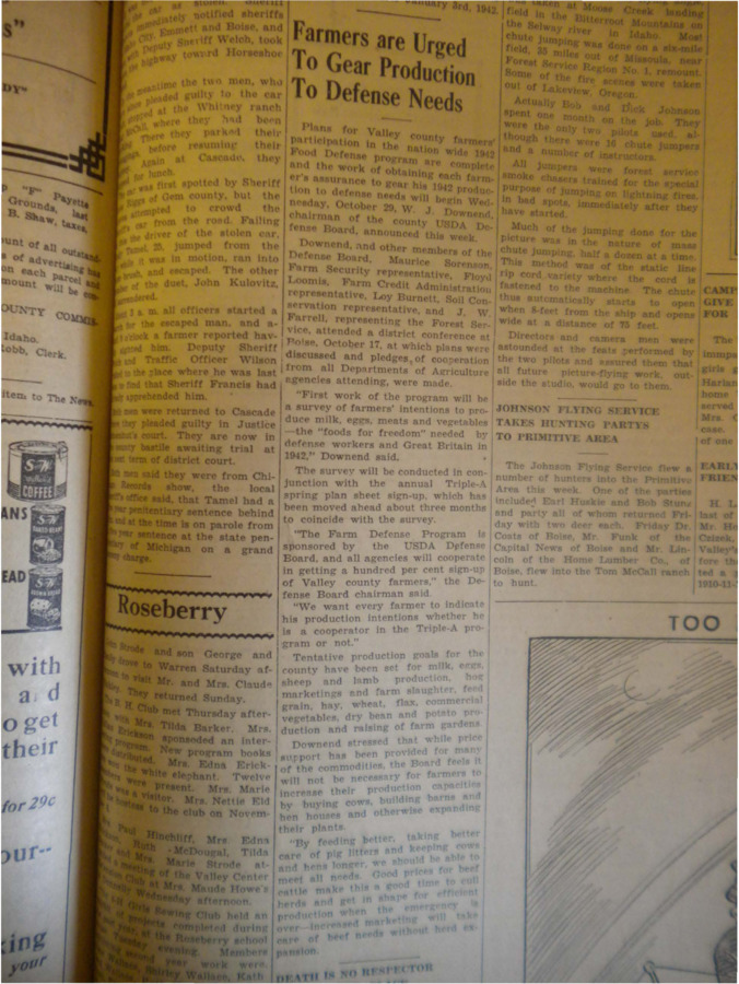 Article about the involvement of Valley county farmers in the 1942 Food Defense program, in which they will send a portion of production to assist defense workers and Great Britain.