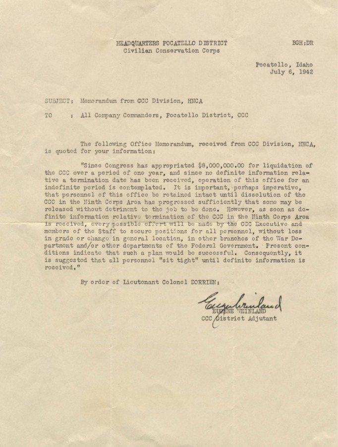 Document with information about the termination of CCC in Ninth Corps Area