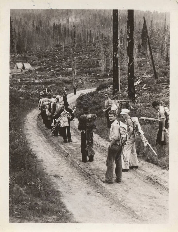 CCC enrollees in the fire squad returning to camp after a days work. The back of the photograph reads: 'Fire squad returning to camp. I am second from the head of the column, Cadwaladr Jones, Jr.' The men in the squad can be seen standing on a dirt path surrounded by fallen trees.