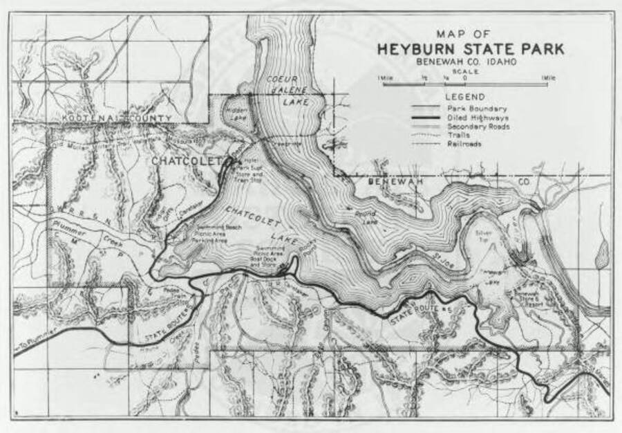 A 1935-36 map of Heyburn State Park, including terrain and labels