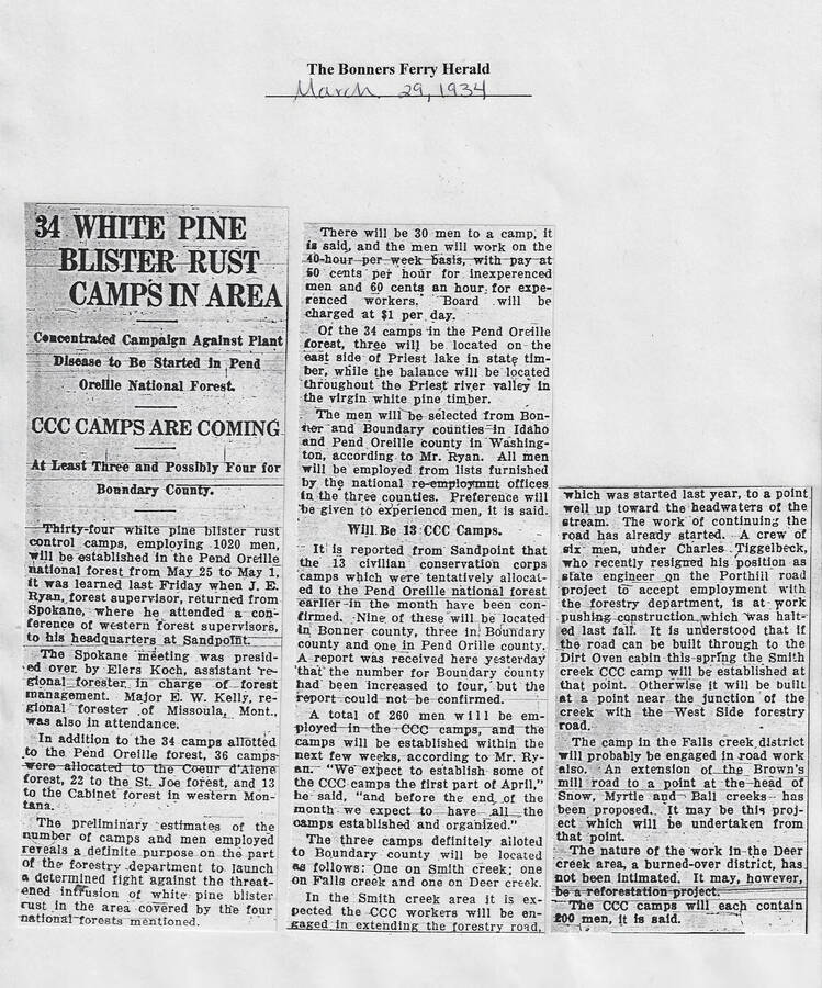 Bonners Ferry Herald article of March 29, 1934, announcing the assignment of 1,020 CCC enrollees to 34 blister rust camps on the Pend Oreille Forest in Idaho, as well as 36 on the Coeur d'Alene and 32 on the St. Joe forests in Idaho and 13 on the Cabinet forest in western Montana.