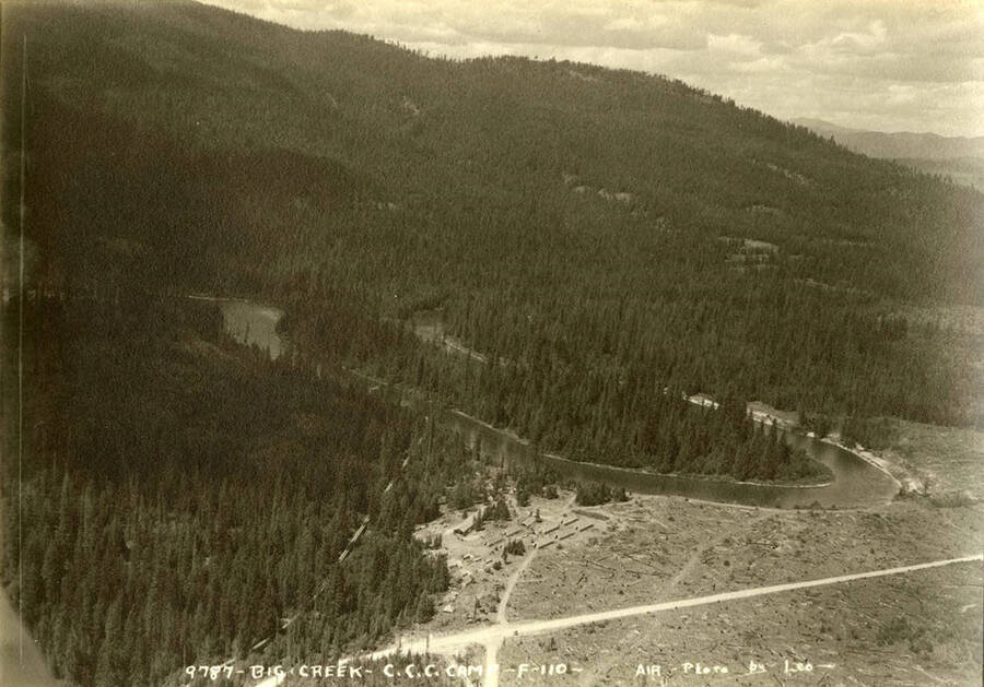 Aerial view of Big Creek CCC Camp. Writing on the photo reads: 'Big Creek CCC Camp F-110 Air photo by Leo'.