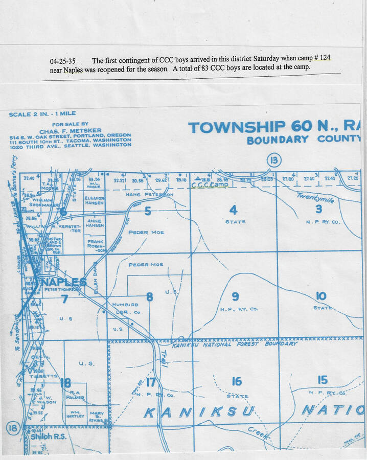 Map of Naples, Idaho Township 60, Boundary County, with description: '04-25-35 The first contingent of CCC boys arrived in this district Saturday when camp #124 near Naples was reopened for the season. A total of 83 boys are located at the camp.'