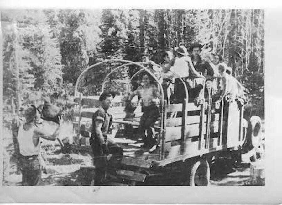 Work crew, Camp Smith Ferry, 1939. Caption: 'to/from fire'