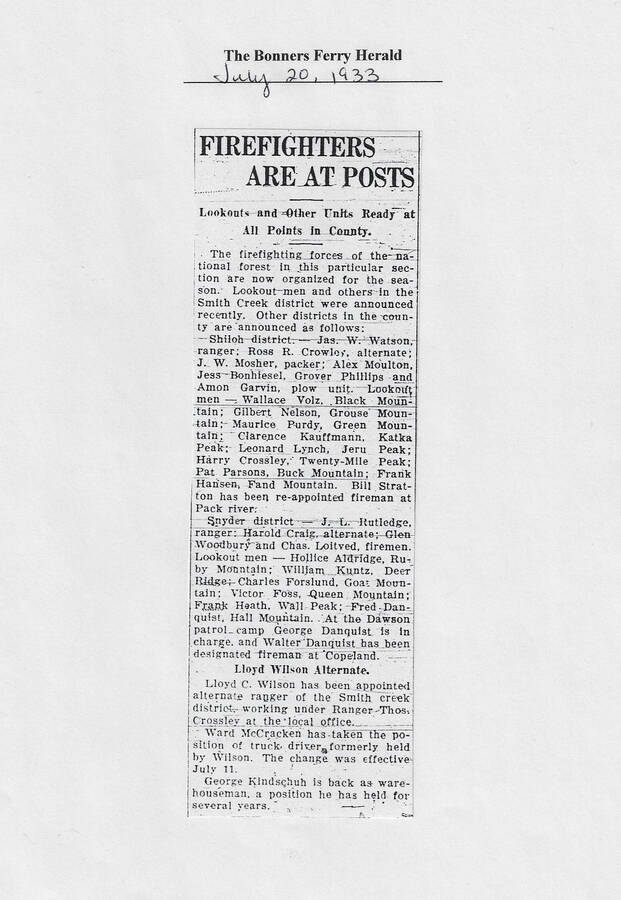 This news articles published in The Bonners Ferry Herald on July 20, 1933 names men assigned fire lookouts for summer 1933.