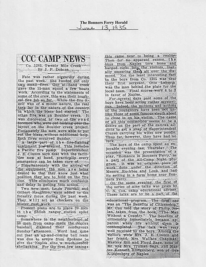 Weekly newspaper column reporting on C-1285, Twenty Mile Creek, reporting on fighting of two small fires, baseball games played against another camp, and a series of nine educational talks, the first on citizenship.