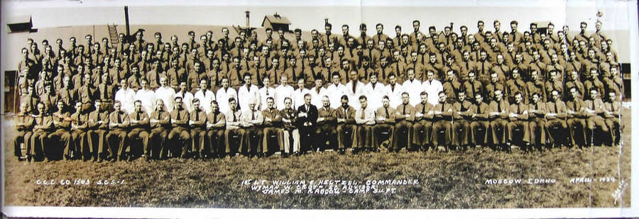 Group Portrait, SCS-1, C-1503, Camp Moscow, Idaho, April 1939. From the Paul Saft photographic album, SCS-1, C-1503, depicting camp life, taken mostly in the Moscow, Lewiston, Robinson Lake area, 1938-39