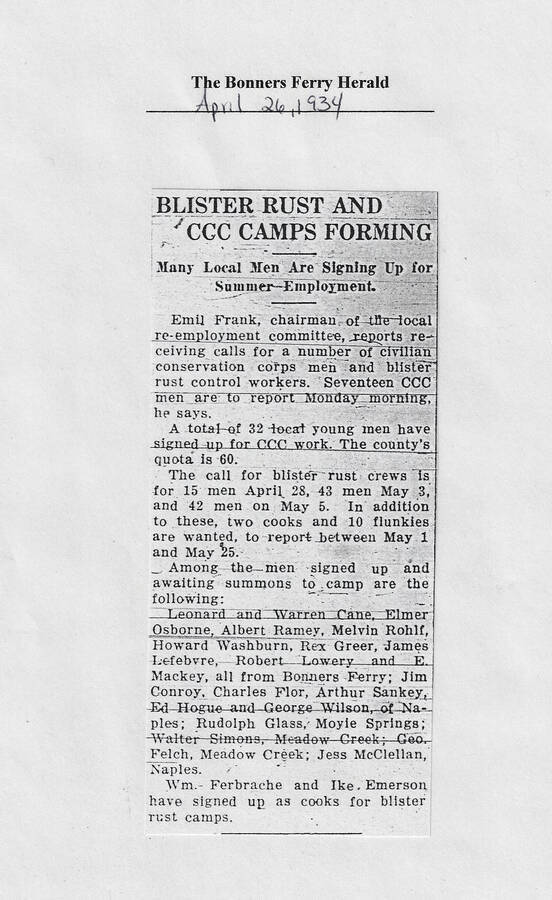 Bonners Ferry Herald article of April 26, 1934, calling for local applicants to meet local quota for camps, including names of those already enrolled.