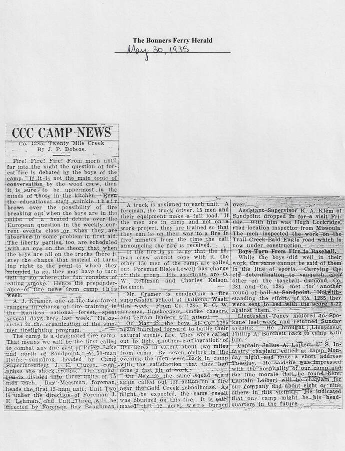 Weekly camp news column published in the Bonners Ferry Herald, May 30, 1935, focused on fire training, fire crews, and two fires put out by Camp Twenty Mile Creek, C-1285.