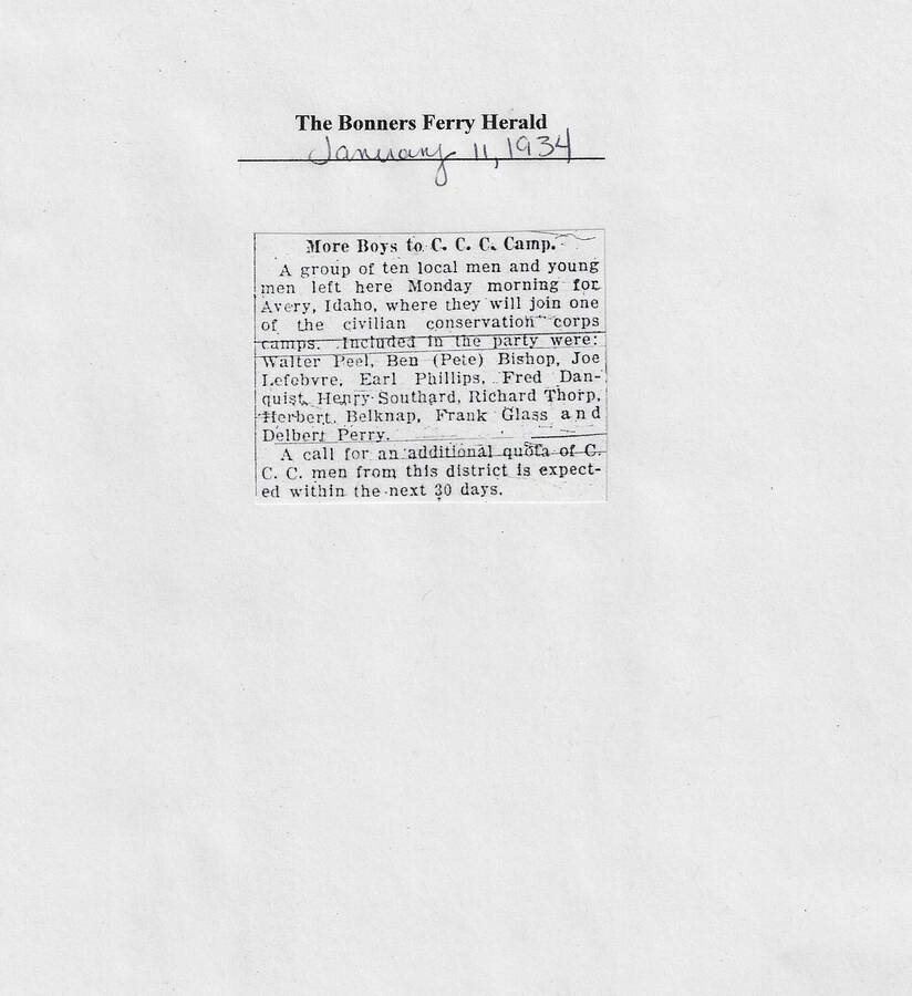 This article in The Bonners Ferry Herald of January 11, 1934 describes local men and CCC enrolls leaving for Camp Avery