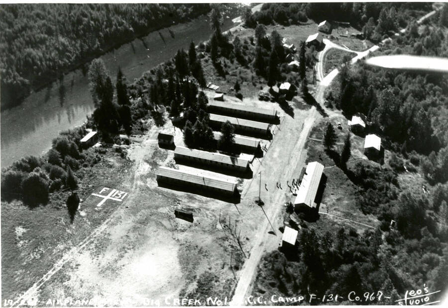 Aerial photograph of Camp Big Creek No. 1, F-131, C-967, taken by Leo's Studio showing administrative buildings and barracks. '
