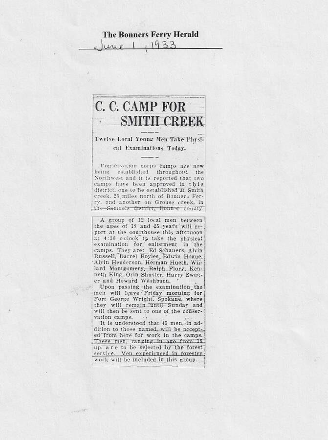 Bonners Ferry Herald article of June 1, 1933, describing process of enrolling and inducting men for a CCC Camp at Smith Creek.