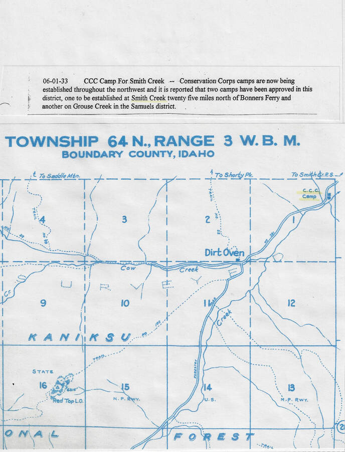 Map of Boundary County Township 64, Range 3 W.B.M., Boundary County, with caption: '06-01-33 CCC Camp For Smith Creek' describing establishment of Smith Creek and Grouse Creek camps.