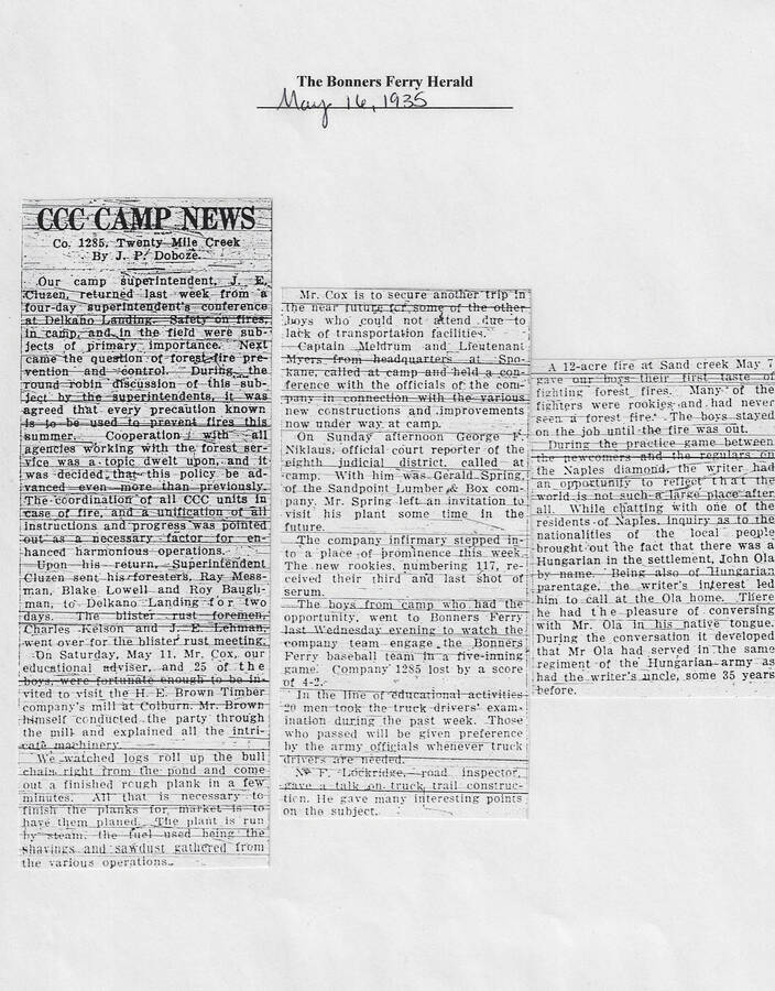 Newspaper article published in the Bonners Ferry Herald on May 16, 1935 describing the weeks events at Camp Twenty Mile Creek C-1285, including fire fighting safety and visit to a nearby mill.