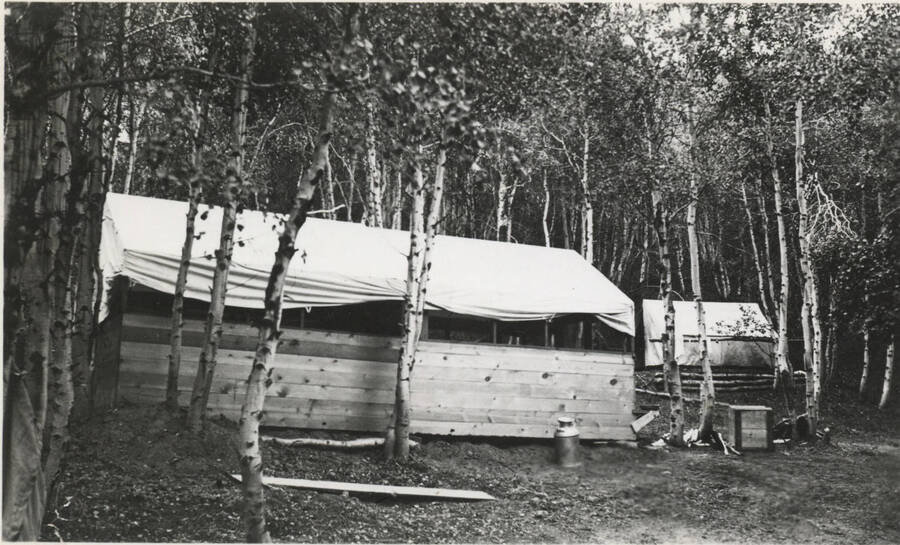 Wood-sided tents in trees, Ft. Hall camp