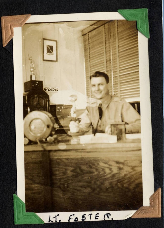 Picture of a military camp administrator in uniform, labeled 'Lt. Foster'. From the Paul Saft photographic album, depicting camp life in SCS-1, C-1503, Moscow, Idaho, taken mostly in the Moscow, Lewiston, Robinson Lake area, 1938-19