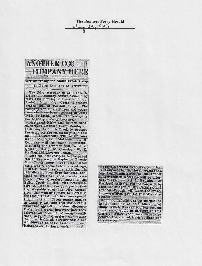 Newspaper article dated May 23, 1935 published in the Bonners Ferry Herald describing the arrival of 218 , enrollees for Camp Smith Creek F-126, the third company to arrive in Boundary County