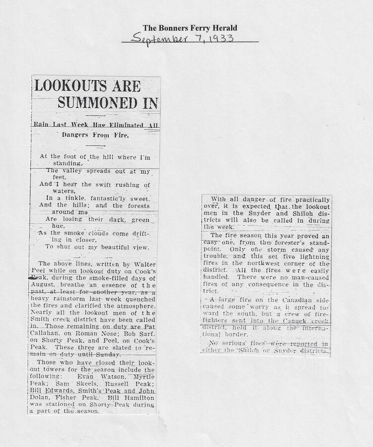 Lookouts are summoned in,' The Bonners Ferry Herald, September 7, 1933 describes rains and men being called in from Smith Creek district lookouts. Includes a poem written by Walter Peel who served on lookout duty.
