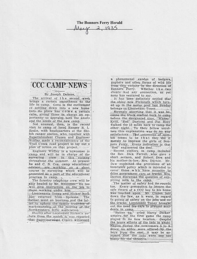 Newspaper article in the Bonners Ferry Herald, May 2, 1935, describing camp life.